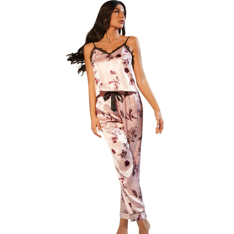 Women Satin Silk Pyjama Sets Rose Flower Secret Gear