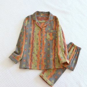 Vintage Wash Knitted Cotton 2PCS Print Pajamas Suit Womens 2023 Spring Autumn Nightwear Turn Down Collar Sleepwear Set