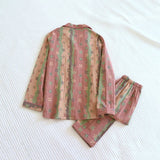 Vintage Wash Knitted Cotton 2PCS Print Pajamas Suit Womens 2023 Spring Autumn Nightwear Turn Down Collar Sleepwear Set