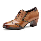Spring New Genuine Leather Hand Polished Women Pumps Oxfords Shoes Vintage Rivets Lace Up Thick High Heels Brogues Ladies Shoes