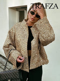 TRAFZA Women Fashion Shiny Sequin Jacket Y2k Gold Color Stand Collar Long Sleeve Short Coat Autumn Winter Ladies High Streetwear