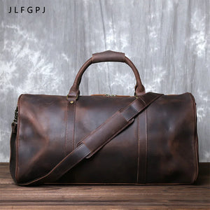 Vintage Leather Cross Style Men's Hand Luggage Crazy Horse Cowhide Large Capacity Single Shoulder Duffel Bag