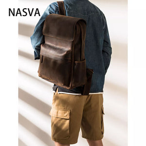 NASVA Genuine Leathe Men's Backpack Vintege  Hiking Backpack Casual  School Backpack  Coffee Business   For 15.6 In Laptop  Bag