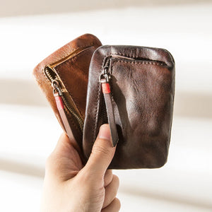 Leather Coin Purse Men's Small Wallet Driving License Card Bag Women's Casual Ultra-thin Zipper Pouch Retro First Layer Leather