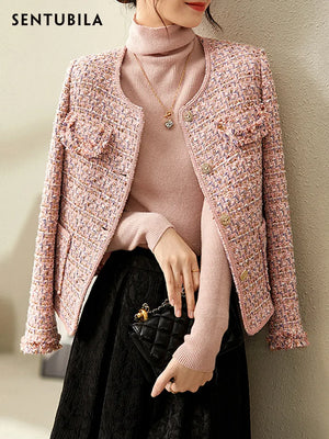 Sentubila Pink Textured Tweed Jacket for Women 2023 Round Neck Single Breasted Patch Pockets Elegant Chic Winter Coats 123W42780
