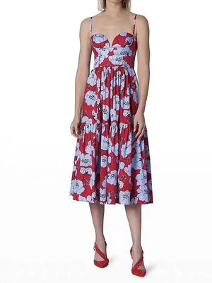 Retro spring, summer, European and American women's new printed sling tube top waist swing dress fashion holiday dress