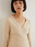 Cross Collar Women Ribbed Knit Cashmere V-neck  Fine Wool Jumper