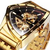 WINNER Triangle Skeleton Gold Black Watch for Men Automatic Mechanical Wristwatch Irregular Luxury Stainless Steel Strap relogio