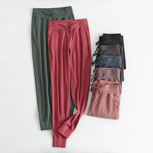 Lulu-Logo Stretch Fabric Workout Sport Joggers Pants Women Waist Drawstring Fitness Running Sweatpants with Two Side Pockets
