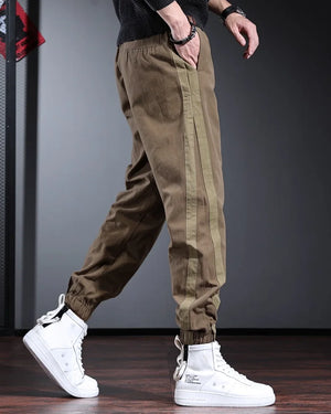 Fashion Side Stripe Pants Men Sport Casual Blue Cotton Elastic Waist Drawstring Jogging Trousers