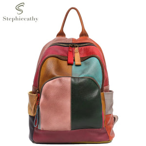SC Vintage Leather Colorful Patchwork Women Backpack Zip Casual Shoulder Bags Genuine Leather Female School Knapsack Travel Bags