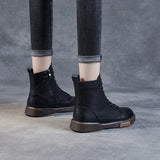 DRKANOL Women Genuine Leather Short Boots Round Toe Genuine Leather Handmade Retro Street Style Winter Warm Flats Ankle Boots