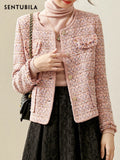 Sentubila Pink Textured Tweed Jacket for Women 2023 Round Neck Single Breasted Patch Pockets Elegant Chic Winter Coats 123W42780
