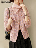 Sentubila Pink Textured Tweed Jacket for Women 2023 Round Neck Single Breasted Patch Pockets Elegant Chic Winter Coats 123W42780