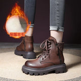 Koznoy 5.5cm Winter Plush Cow Genuine Leather Spring Autumn Ethnic ZIP Platform Ankle Motorcycle Boots Woman British Warm Shoes