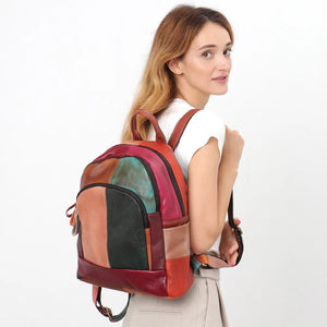 SC Vintage Leather Colorful Patchwork Women Backpack Zip Casual Shoulder Bags Genuine Leather Female School Knapsack Travel Bags