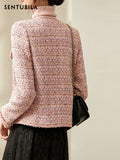 Sentubila Pink Textured Tweed Jacket for Women 2023 Round Neck Single Breasted Patch Pockets Elegant Chic Winter Coats 123W42780