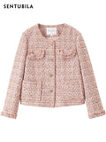 Sentubila Pink Textured Tweed Jacket for Women 2023 Round Neck Single Breasted Patch Pockets Elegant Chic Winter Coats 123W42780