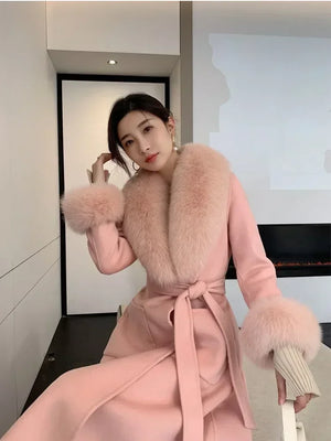 Women Winter Woolen Coats Fur Collar Scarf Cuff Set Warm Fashion Luxury Overcoat Scarves Shawls Female Elegant Solid Thick Coats