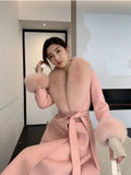 Women Winter Woolen Coats Fur Collar Scarf Cuff Set Warm Fashion Luxury Overcoat Scarves Shawls Female Elegant Solid Thick Coats