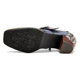 Retro Casual Belt Buckle Comfortable Thick High Heel Shoes Oxfords Spot Hand-Painted Genuine Leather Pumps Women Shoes Stitching