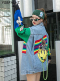 Fashion Brand Cartoon Floral-Print Beaded Rhinestone Denim Jacket Women's Loose Lapel Knitted Stitching Long Sleeve Jeans Coat