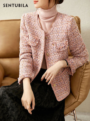 Sentubila Pink Textured Tweed Jacket for Women 2023 Round Neck Single Breasted Patch Pockets Elegant Chic Winter Coats 123W42780
