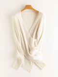 Cross Collar Women Ribbed Knit Cashmere V-neck  Fine Wool Jumper